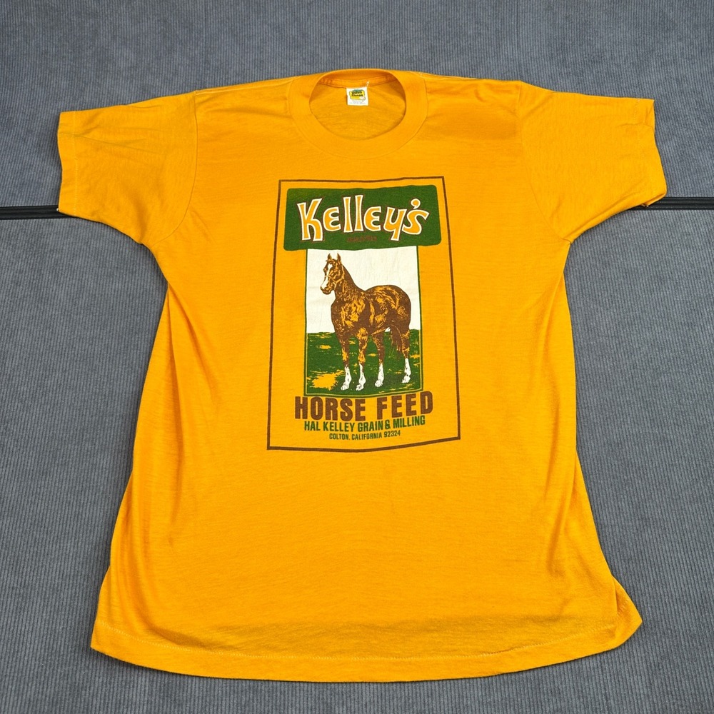 Vintage Velva Sheen Kelleys Horse Feed TShirt Yellow XL Single Stitch California